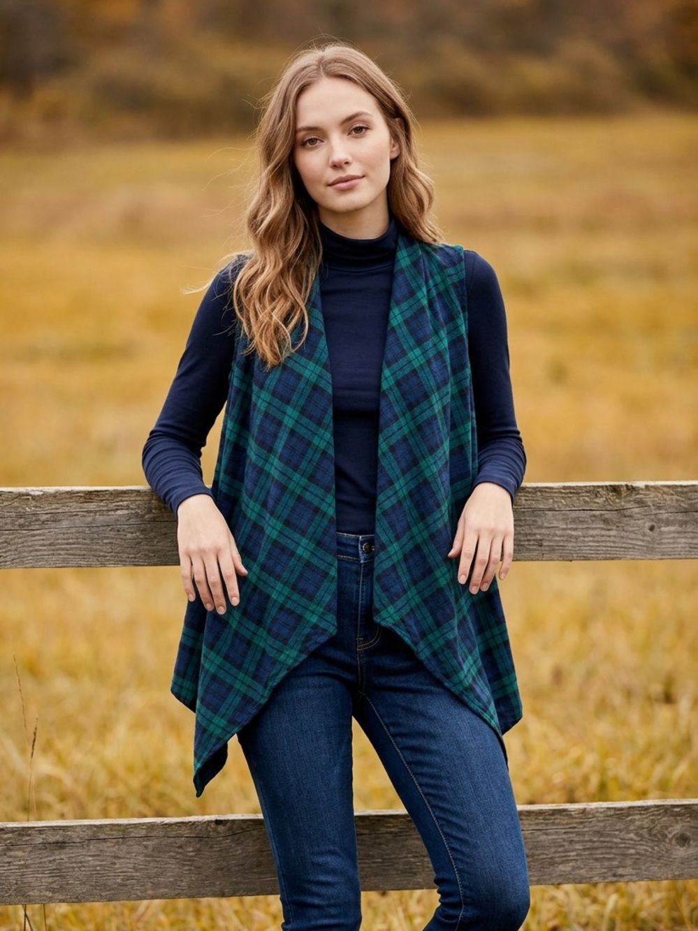 Vintage Green Blue Plaid Rayon Vest S